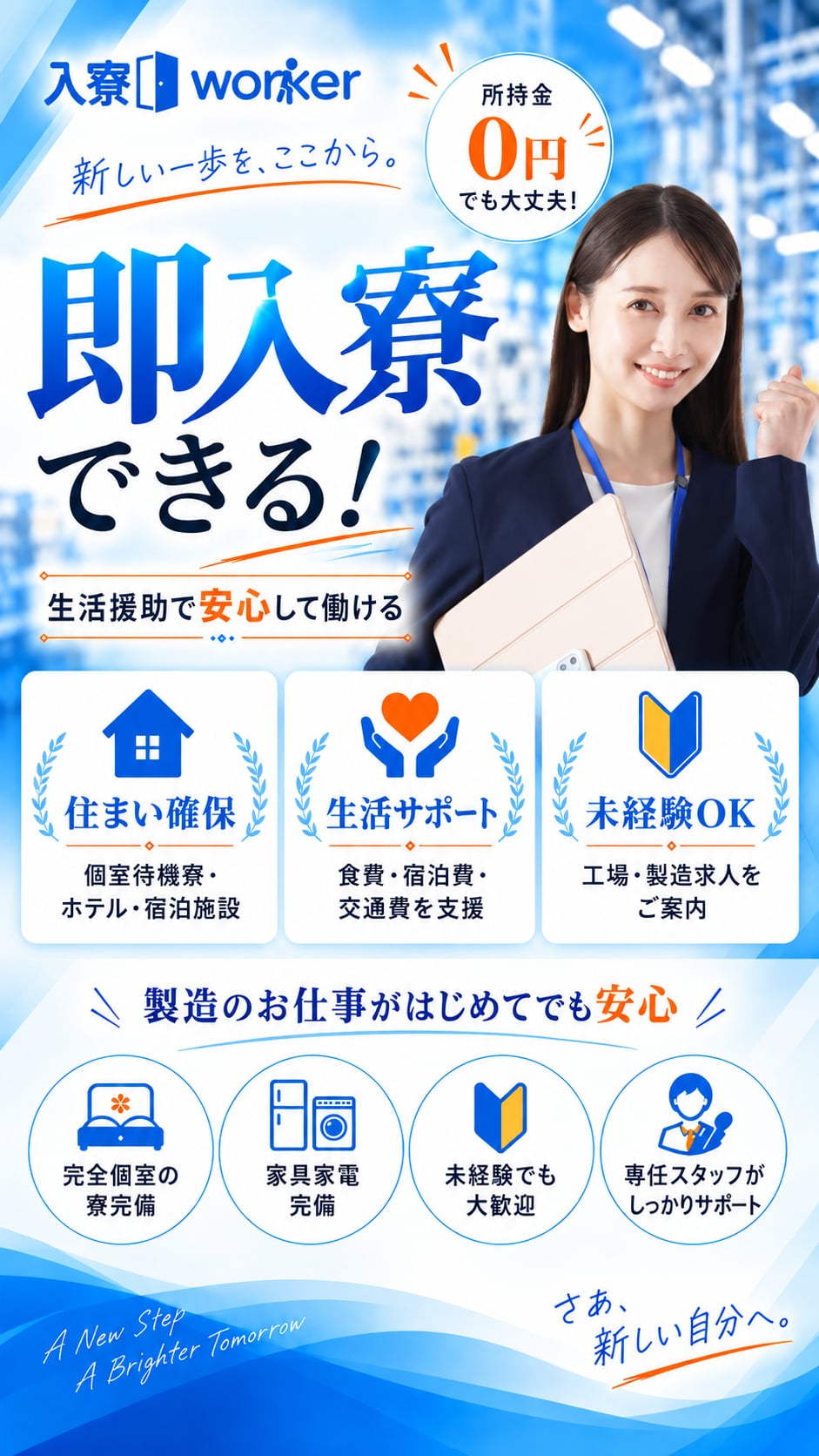 入寮worker。即入寮できる！所持金0円でも大丈夫。生活援助で安心して働ける。住まい確保（個室待機寮・ホテル・宿泊施設）、生活サポート（食費・宿泊費・交通費を支援）、未経験OK（工場・製造求人をご案内）。完全個室の寮完備・家具家電完備・専任スタッフがサポート。