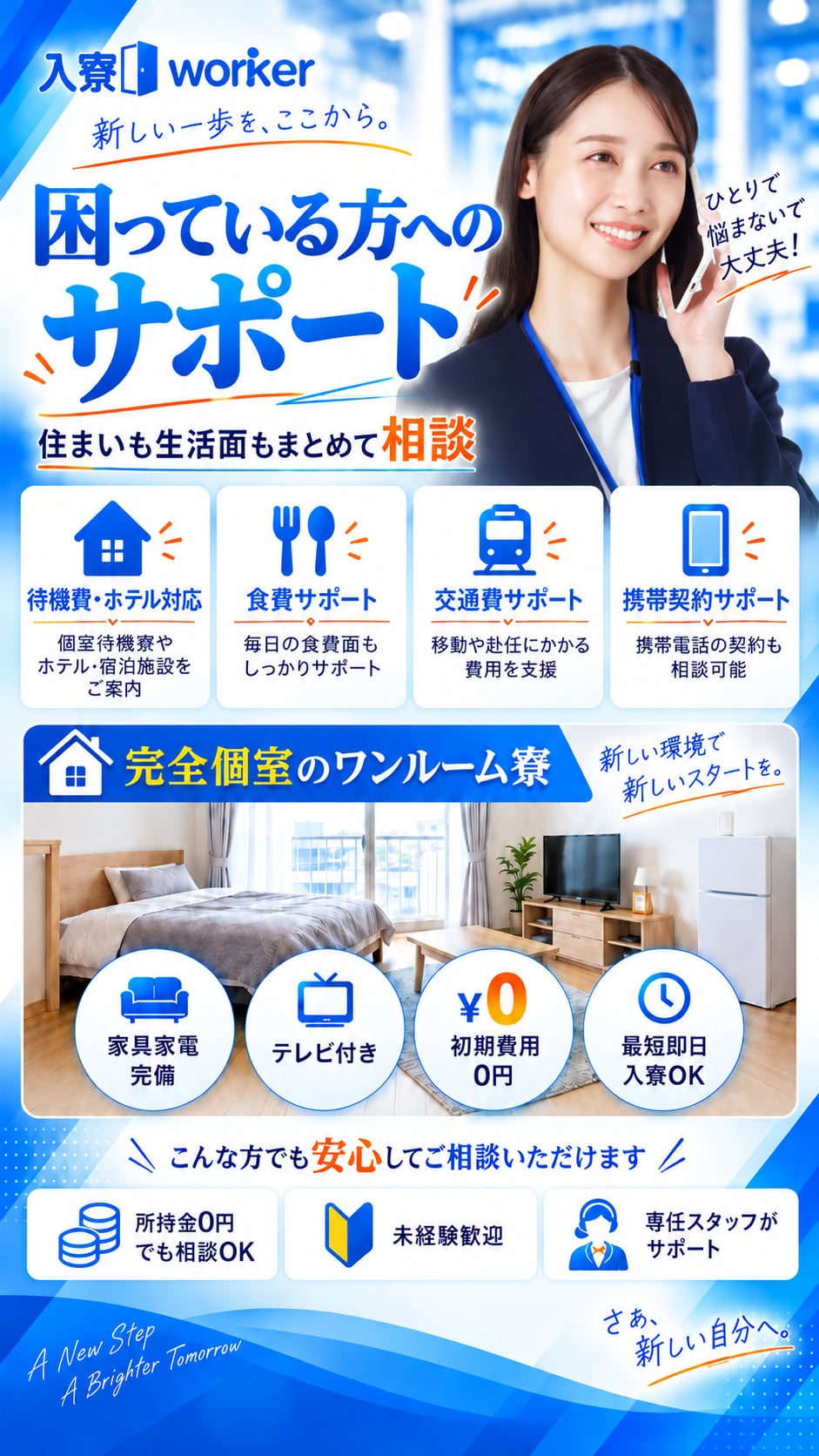 困っている方へのサポート。住まいも生活面もまとめて相談。待機費・ホテル対応、食費サポート、交通費サポート、携帯契約サポート。完全個室のワンルーム寮（家具家電完備・テレビ付き・初期費用0円・最短即日入寮OK）。所持金0円でも相談OK・未経験歓迎・専任スタッフがサポート。